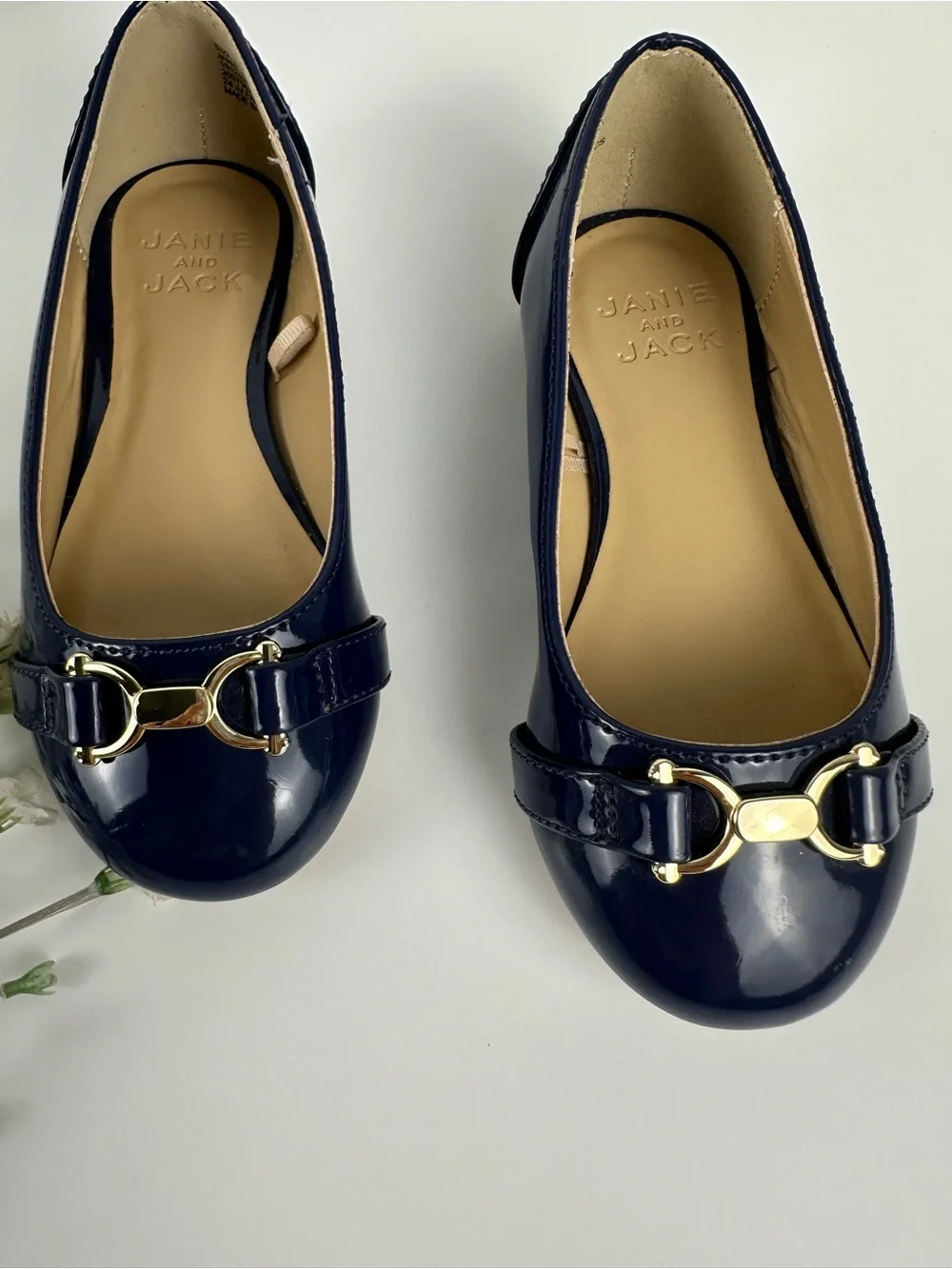 Janie and Jack Girls Navy Patent Ballet Flats Gold Hardware Size 9